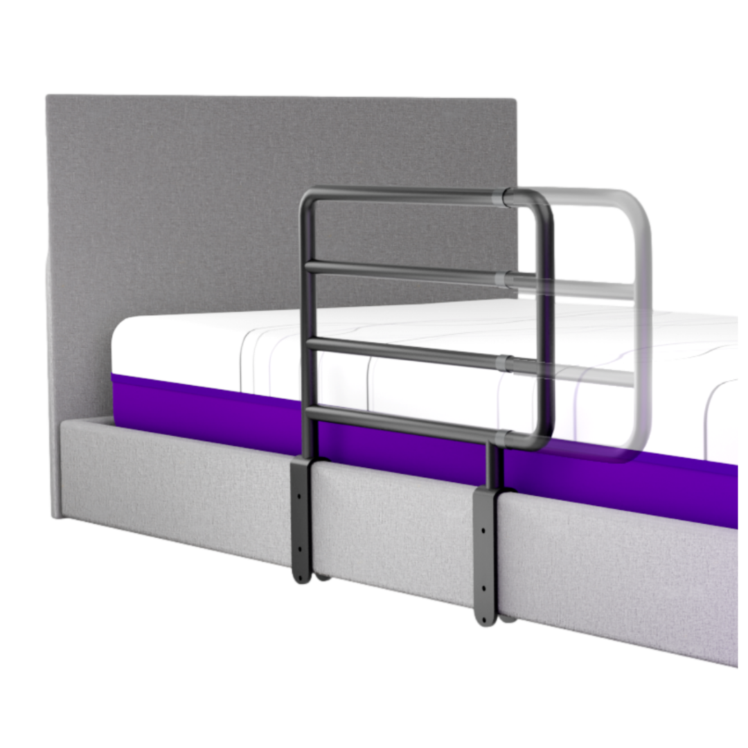 The iCare Medical Bed Safety Rails feature a high side rail for bedside support and safety, shown attached in both raised and lowered positions to enhance fall prevention on a gray upholstered bed with mattress.